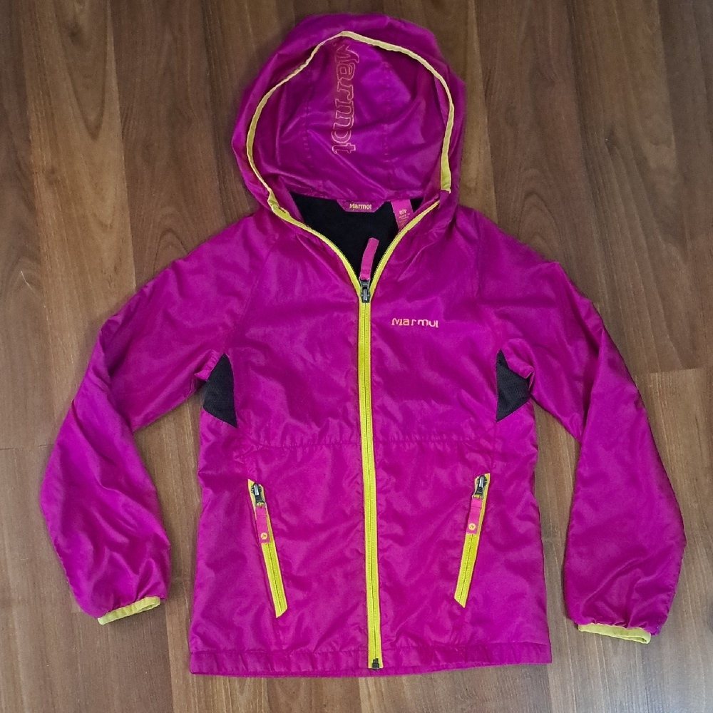 Marmot Pink Hooded Jacket with Yellow Zipper